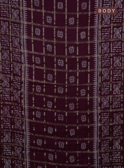 Semi chanderi saree wine shade and off white with allover zari checks & batik prints and batik printed border