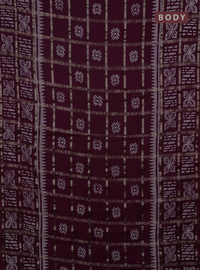 Semi chanderi saree wine shade and off white with allover zari checks & batik prints and batik printed border