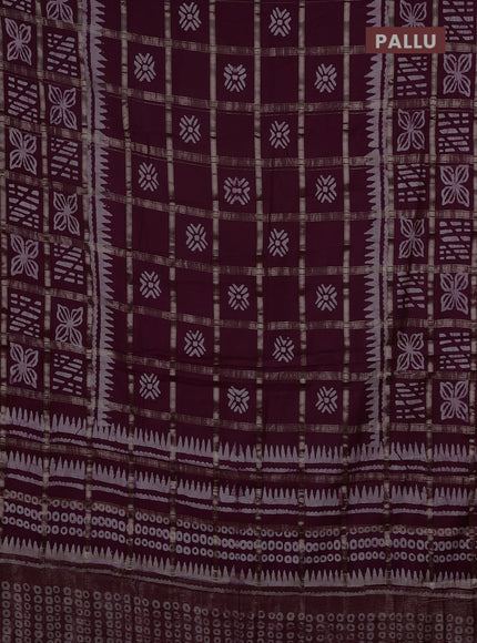 Semi chanderi saree wine shade and off white with allover zari checks & batik prints and batik printed border