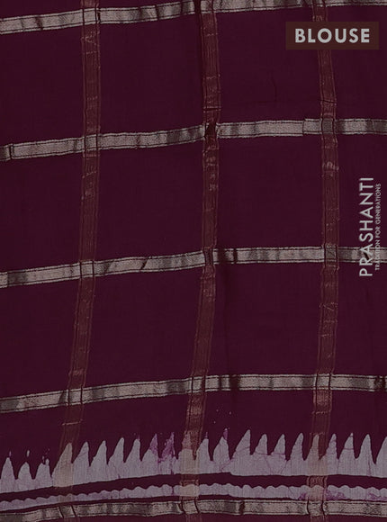 Semi chanderi saree wine shade and off white with allover zari checks & batik prints and batik printed border