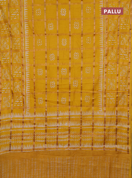 Semi chanderi saree mango yellow and off white with allover zari checks & batik prints and batik printed border