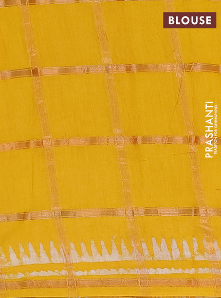 Semi chanderi saree mango yellow and off white with allover zari checks & batik prints and batik printed border