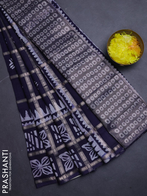 Semi chanderi saree navy blue and off white with allover zari checks & batik prints and batik printed border
