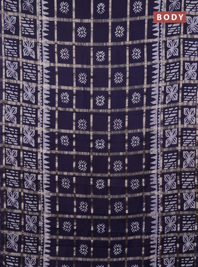 Semi chanderi saree navy blue and off white with allover zari checks & batik prints and batik printed border