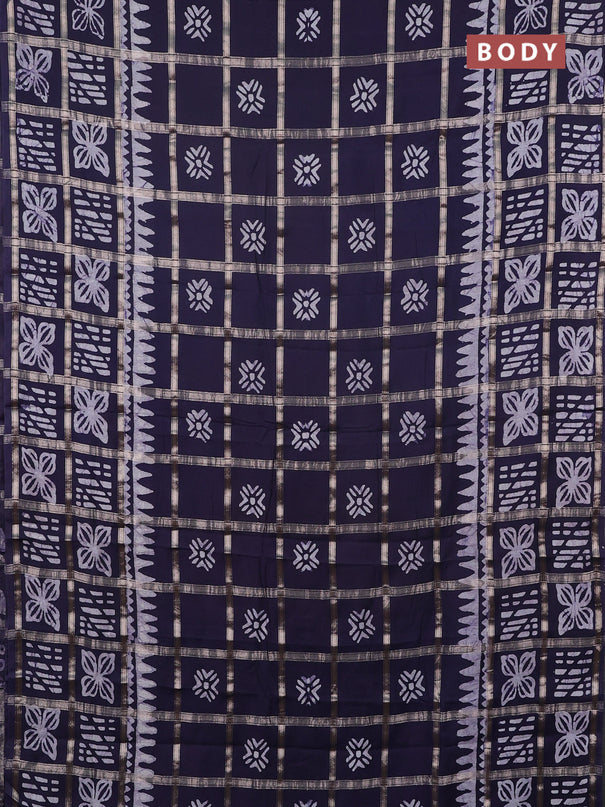 Semi chanderi saree navy blue and off white with allover zari checks & batik prints and batik printed border