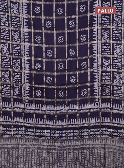 Semi chanderi saree navy blue and off white with allover zari checks & batik prints and batik printed border
