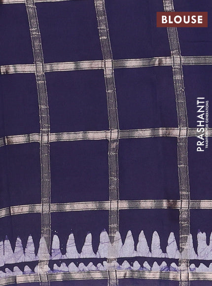 Semi chanderi saree navy blue and off white with allover zari checks & batik prints and batik printed border
