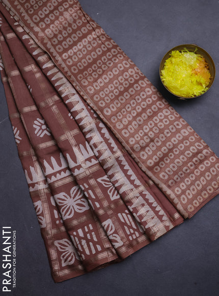 Semi chanderi saree brown and off white with allover zari checks & batik prints and batik printed border