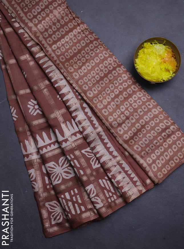 Semi chanderi saree brown and off white with allover zari checks & batik prints and batik printed border