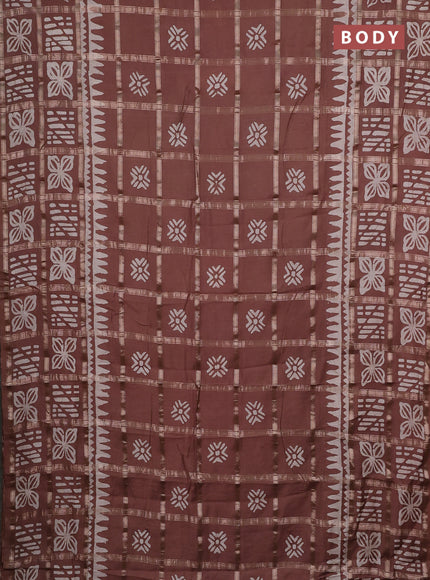 Semi chanderi saree brown and off white with allover zari checks & batik prints and batik printed border