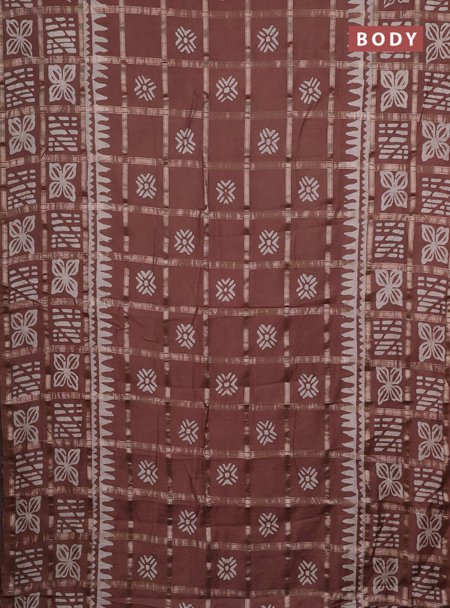 Semi chanderi saree brown and off white with allover zari checks & batik prints and batik printed border