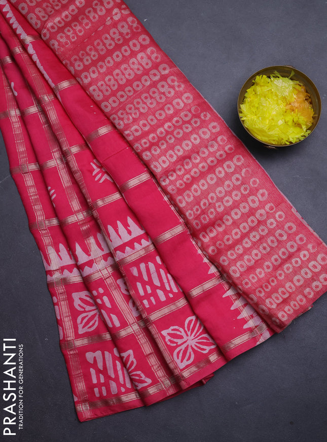Semi chanderi saree dark peach and off white with allover zari checks & batik prints and batik printed border