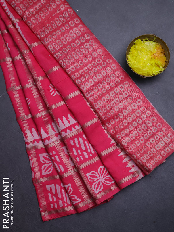 Semi chanderi saree dark peach and off white with allover zari checks & batik prints and batik printed border