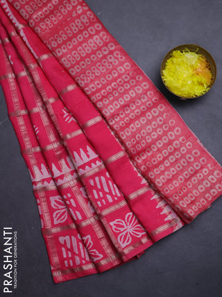 Semi chanderi saree dark peach and off white with allover zari checks & batik prints and batik printed border