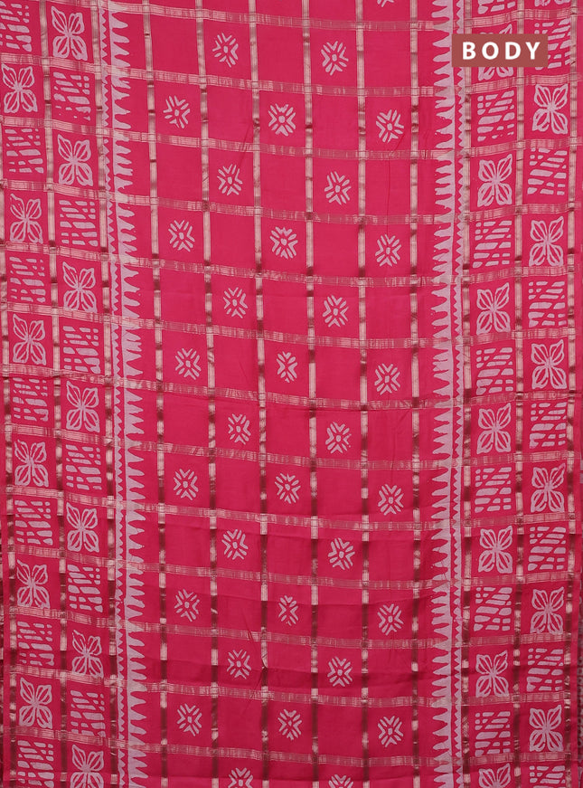 Semi chanderi saree dark peach and off white with allover zari checks & batik prints and batik printed border