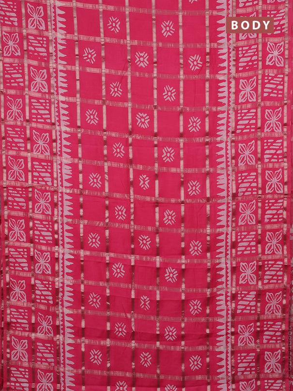 Semi chanderi saree dark peach and off white with allover zari checks & batik prints and batik printed border