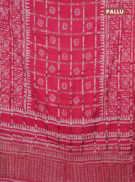 Semi chanderi saree dark peach and off white with allover zari checks & batik prints and batik printed border