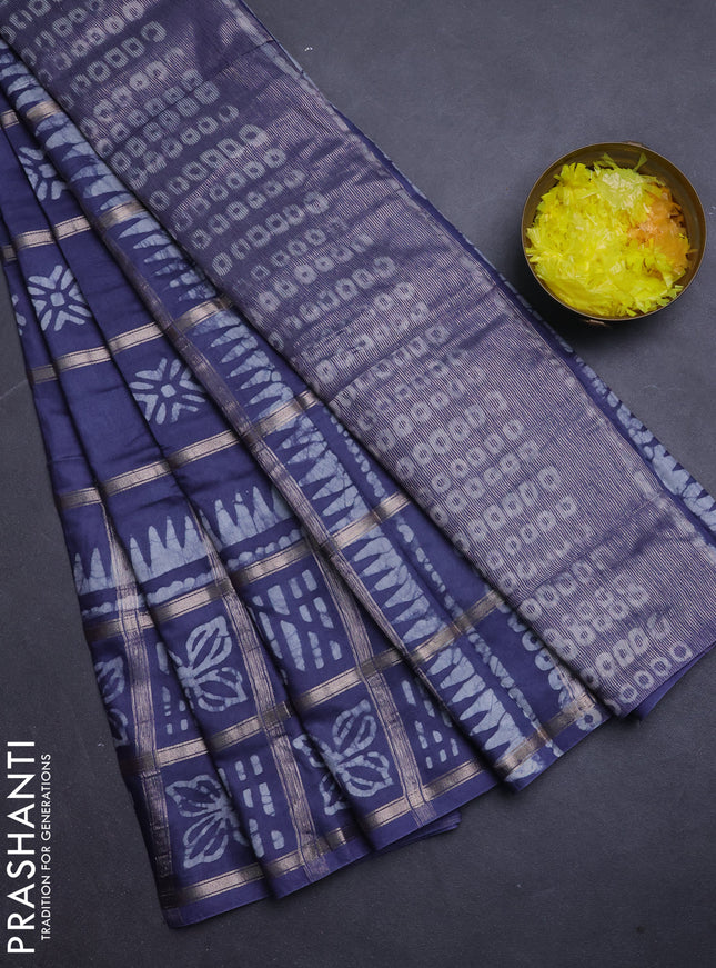 Semi chanderi saree dark grey and off white with allover zari checks & batik prints and batik printed border