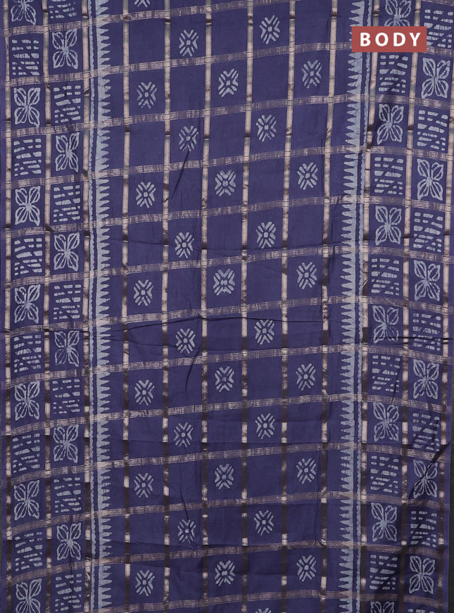 Semi chanderi saree dark grey and off white with allover zari checks & batik prints and batik printed border