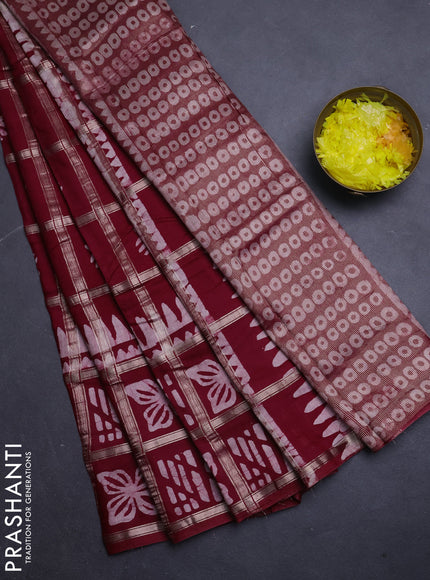 Semi chanderi saree maroon and off white with allover zari checks & batik prints and batik printed border