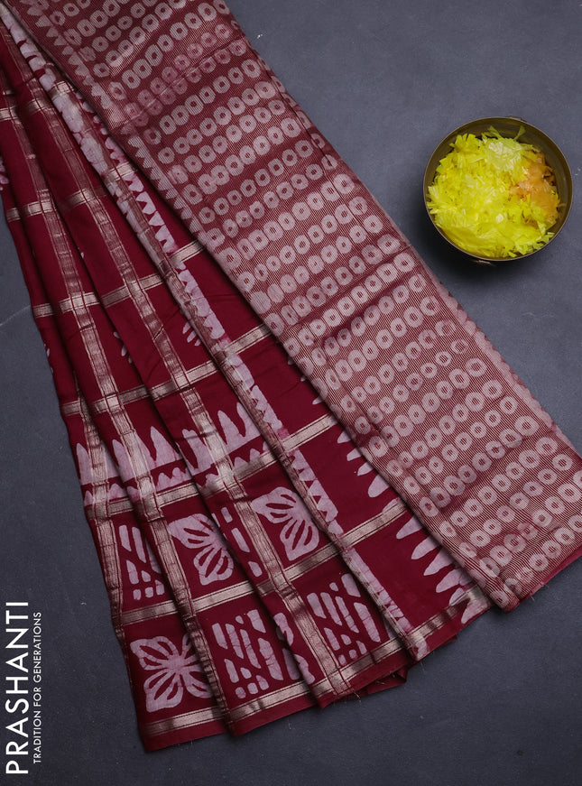 Semi chanderi saree maroon and off white with allover zari checks & batik prints and batik printed border