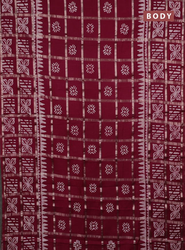 Semi chanderi saree maroon and off white with allover zari checks & batik prints and batik printed border