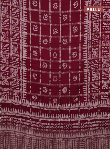 Semi chanderi saree maroon and off white with allover zari checks & batik prints and batik printed border