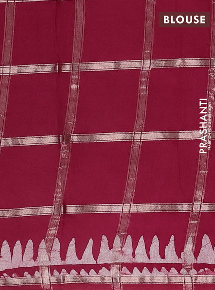 Semi chanderi saree maroon and off white with allover zari checks & batik prints and batik printed border