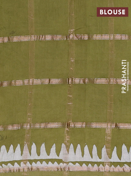 Semi chanderi saree mehendi green and off white with allover zari checks & batik prints and batik printed border