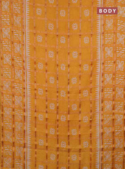 Semi chanderi saree mango yellow and off white with allover zari checks & batik prints and batik printed border
