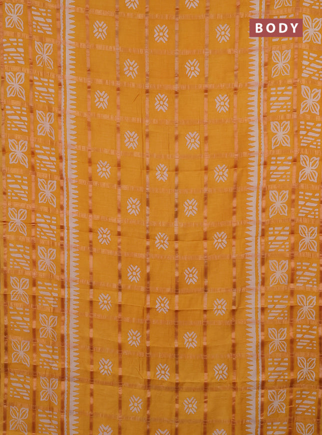 Semi chanderi saree mango yellow and off white with allover zari checks & batik prints and batik printed border