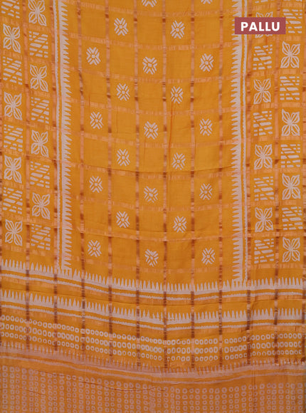 Semi chanderi saree mango yellow and off white with allover zari checks & batik prints and batik printed border