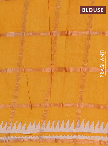 Semi chanderi saree mango yellow and off white with allover zari checks & batik prints and batik printed border