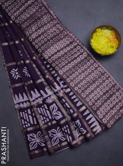 Semi chanderi saree jamun and off white with allover zari checks & batik prints and batik printed border