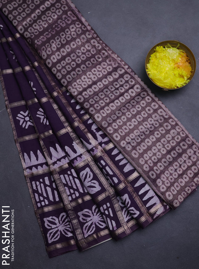 Semi chanderi saree jamun and off white with allover zari checks & batik prints and batik printed border