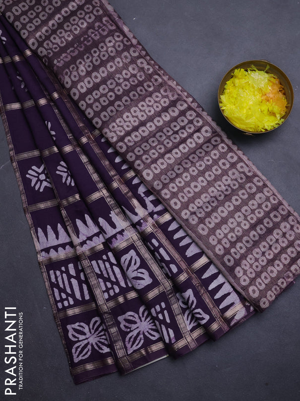 Semi chanderi saree jamun and off white with allover zari checks & batik prints and batik printed border