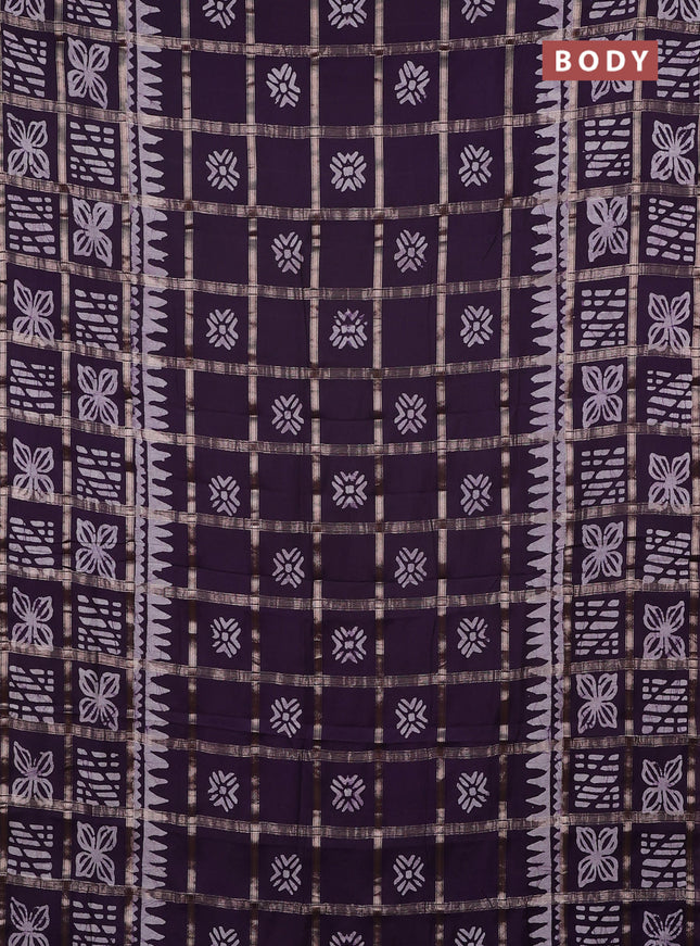 Semi chanderi saree jamun and off white with allover zari checks & batik prints and batik printed border