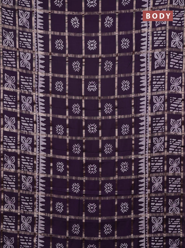 Semi chanderi saree jamun and off white with allover zari checks & batik prints and batik printed border