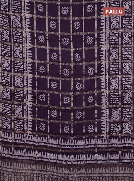 Semi chanderi saree jamun and off white with allover zari checks & batik prints and batik printed border