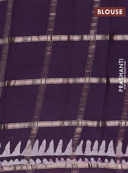 Semi chanderi saree jamun and off white with allover zari checks & batik prints and batik printed border