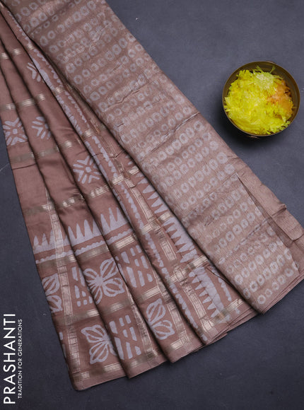 Semi chanderi saree pastel brown and off white with allover zari checks & batik prints and batik printed border