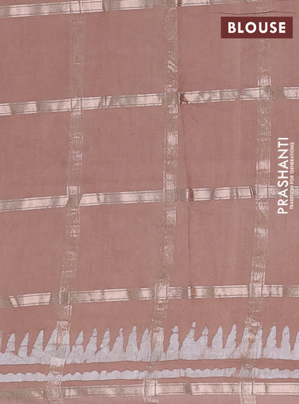 Semi chanderi saree pastel brown and off white with allover zari checks & batik prints and batik printed border