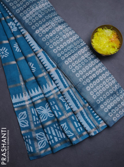 Semi chanderi saree teal blue and off white with allover zari checks & batik prints and batik printed border