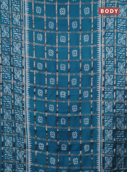 Semi chanderi saree teal blue and off white with allover zari checks & batik prints and batik printed border
