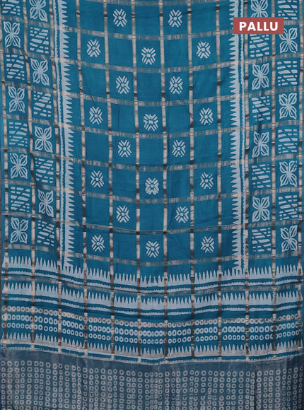 Semi chanderi saree teal blue and off white with allover zari checks & batik prints and batik printed border