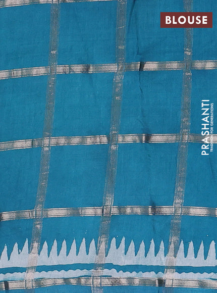 Semi chanderi saree teal blue and off white with allover zari checks & batik prints and batik printed border