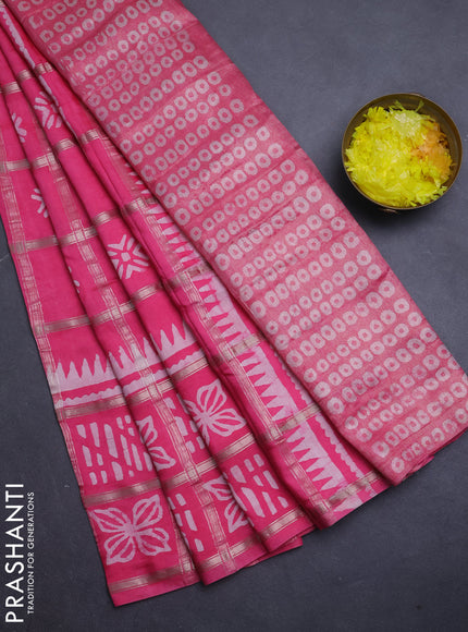 Semi chanderi saree peach pink and off white with allover zari checks & batik prints and batik printed border