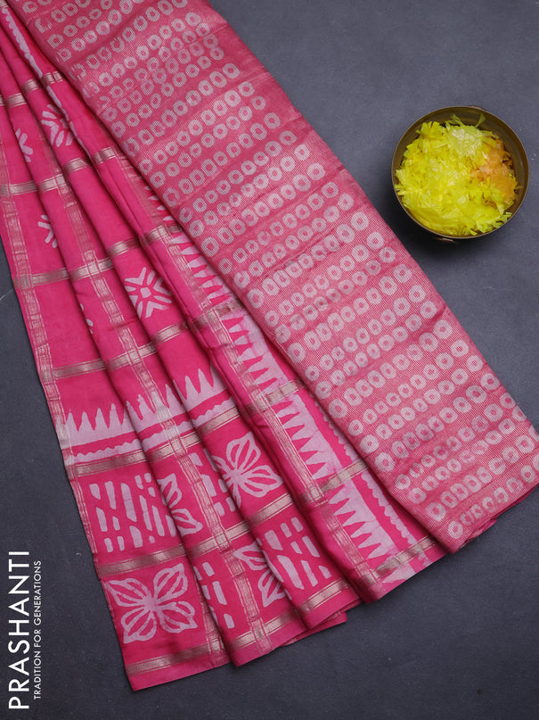 Semi chanderi saree peach pink and off white with allover zari checks & batik prints and batik printed border