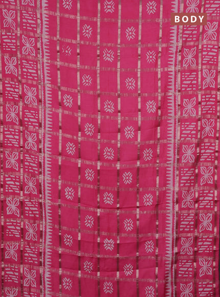 Semi chanderi saree peach pink and off white with allover zari checks & batik prints and batik printed border
