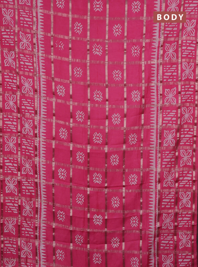 Semi chanderi saree peach pink and off white with allover zari checks & batik prints and batik printed border